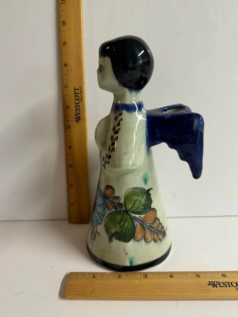 Vintage 1960s CAT Signed Tonala Pottery Angel Candle Holder.Gray + Blue Folk Art